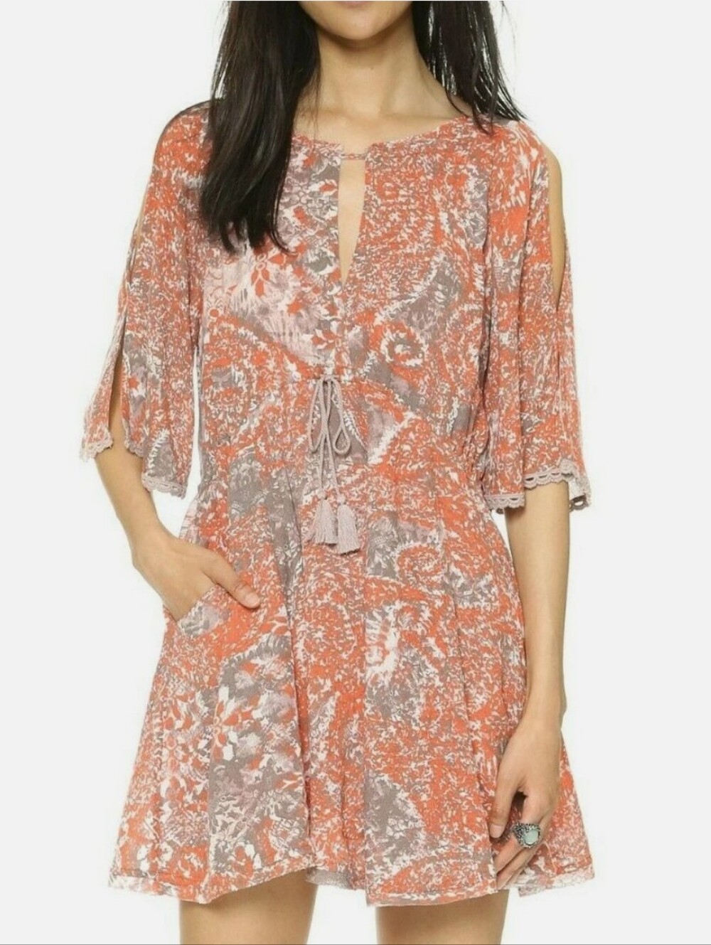 Urban Outfitters Boho Paisley Tassel Mini Dress Vintage Orange Grey Small